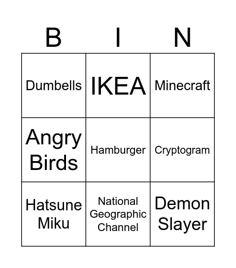 Game 1 Bingo Card