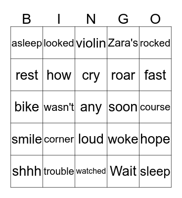 Looking After Zara 3 Bingo Card
