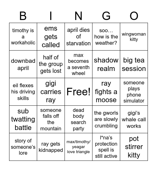 Gworls Hiking Day Bingo Card