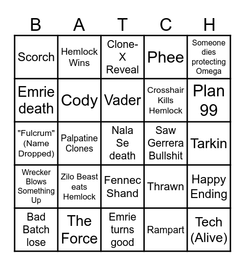 Bad Batch Season 3 Finale Bingo Card