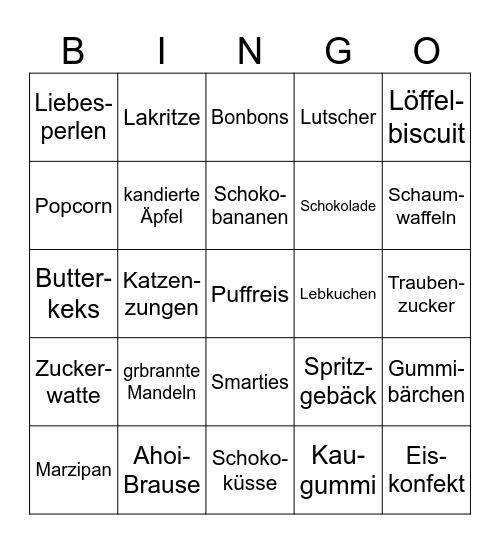 Süßigkeiten Bingo Card