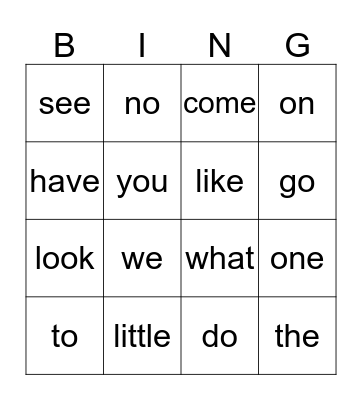 Sight Words Bingo Card