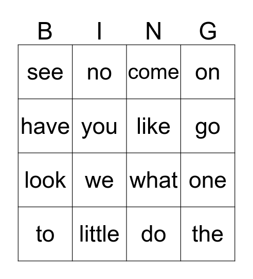 Sight Words Bingo Card