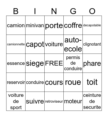 La conduite!!! Bingo Card