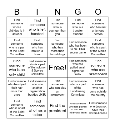 LHSU BINGO Card