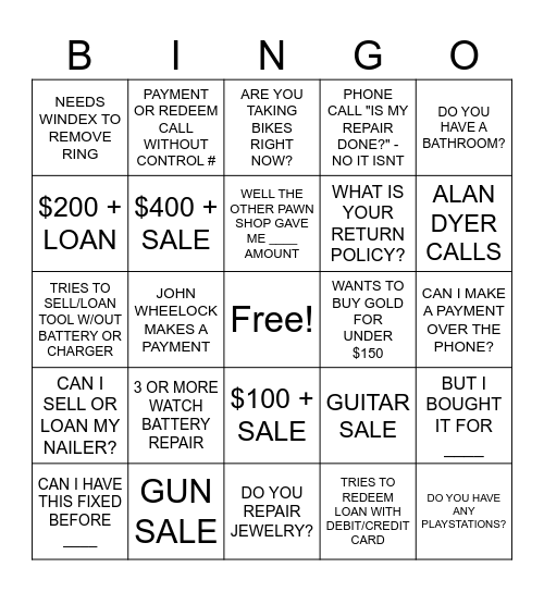 CUSTOMER BINGO Card