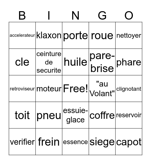 La voiture!!! Bingo Card