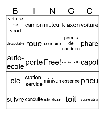 Conduire, c'est amusant!!! Bingo Card