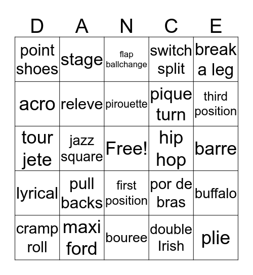 Dance Bingo Card