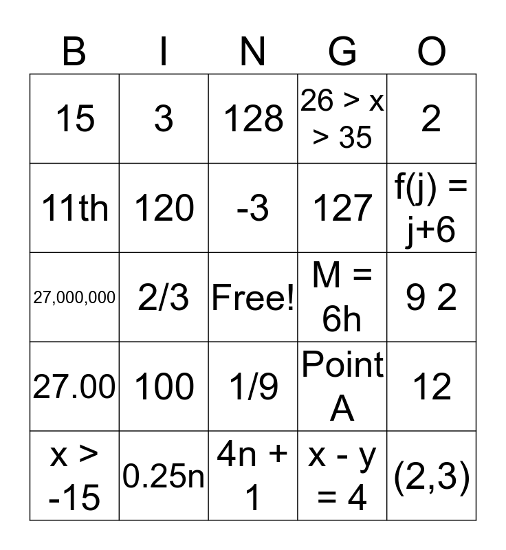 8th Grade Review Bingo Card