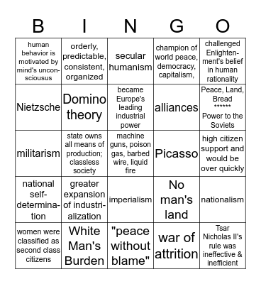 MEH: IMPERIALISM, PROGRESS, DISQUIETUDE, WW1 Bingo Card