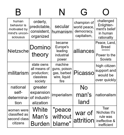 MEH: IMPERIALISM, PROGRESS, DISQUIETUDE, WW1 Bingo Card