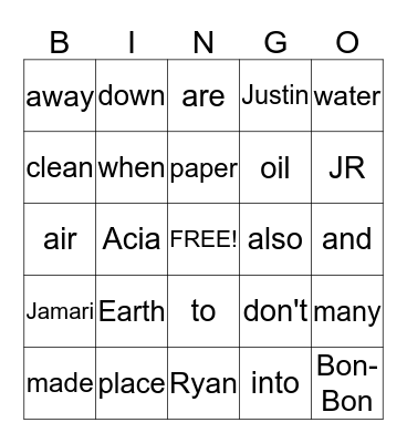 SAVE EARTH Bingo Card
