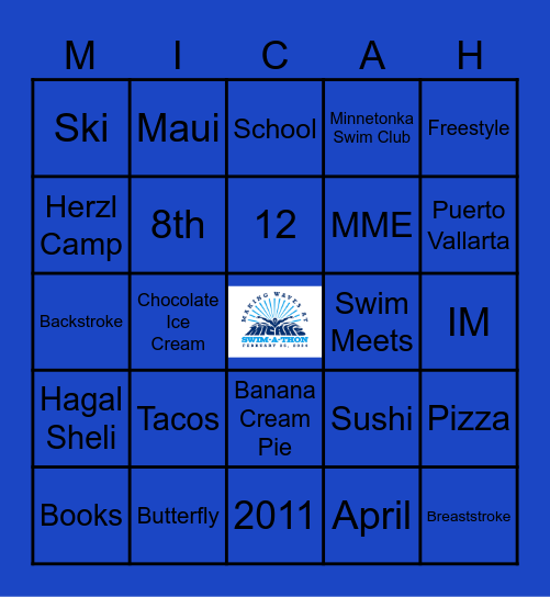 Micah's Mitzvah Swimathon Bingo Card