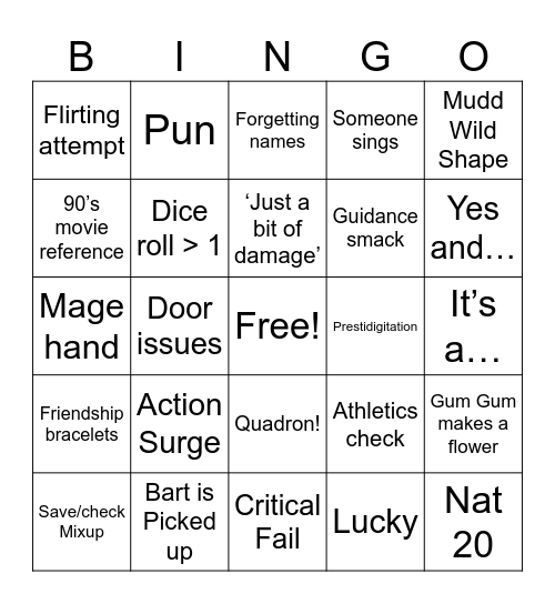 Stinky Dragon Bingo Card