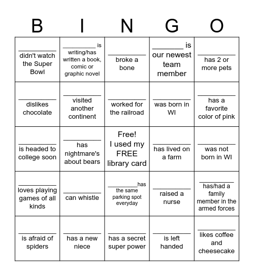 Get to know our team! Bingo Card