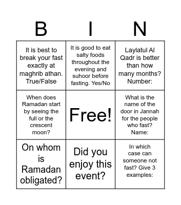 Ramadan Bingo Card