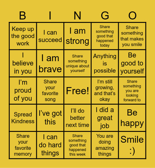 Positivity Bingo Card