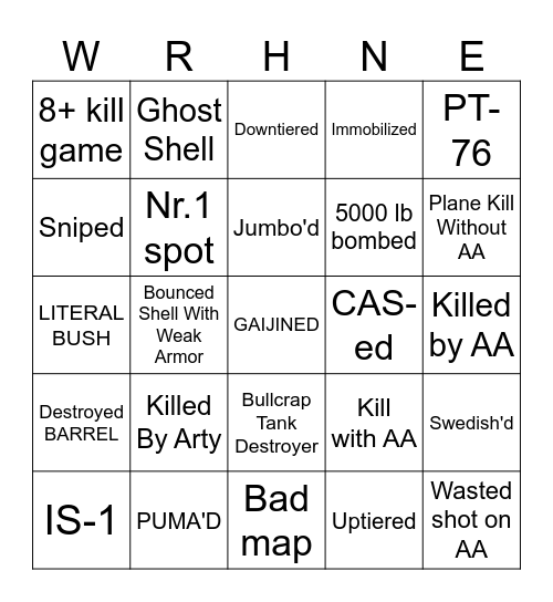WART HUNDER Bingo Card