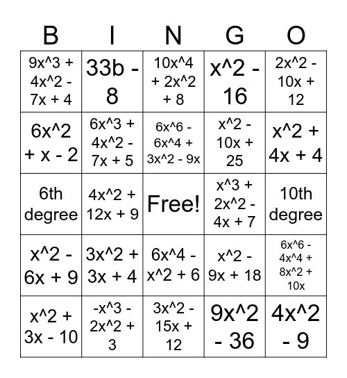 Polynomial Operations Bingo Card