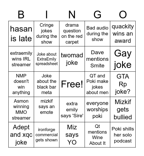 STREAMER AWARDS 2024 Bingo Card