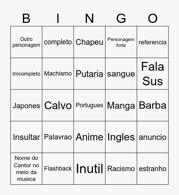 Rap anime Bingo Card