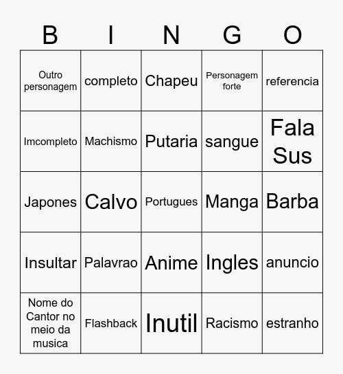 Rap anime Bingo Card