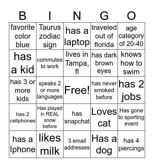 Knowing you Bingo Card