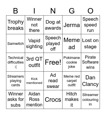 Streamer Awards 2024 Bingo Card