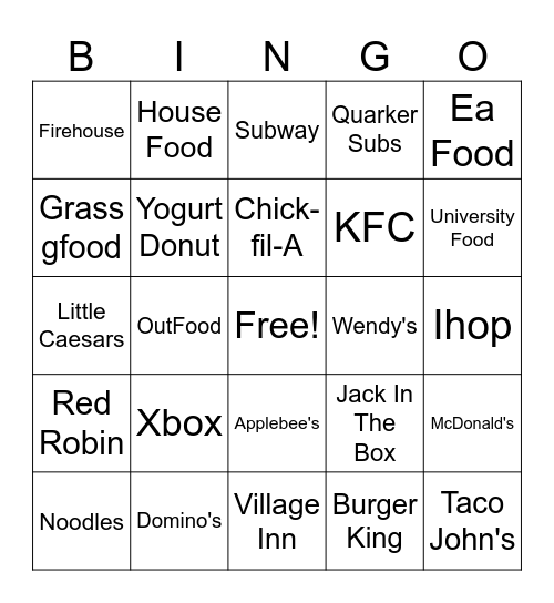 Fast Food A-Z Bingo Card