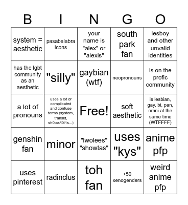 person who romanticizes DID bingo Card