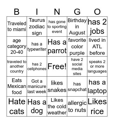 Knowing YOU Bingo Card