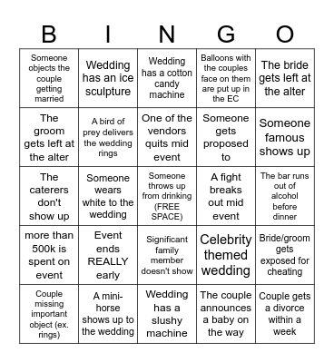 Once in a lifetime wedding experiences Bingo Card