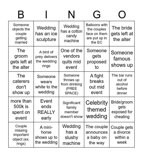 Once in a lifetime wedding experiences Bingo Card
