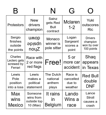 F1 2024 Bingo Alex Bingo Card