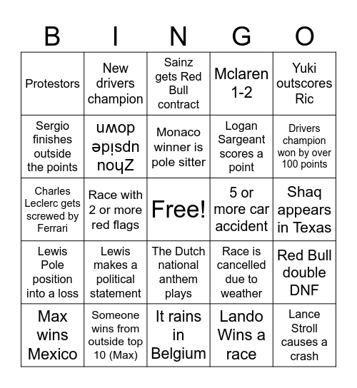 F1 2024 Bingo Alex Bingo Card