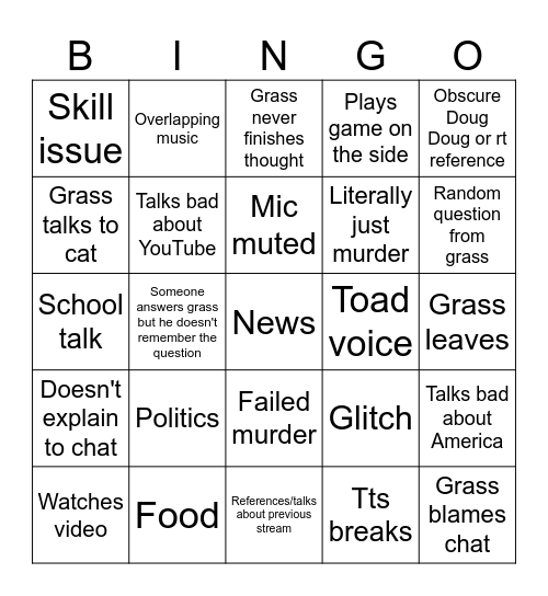 Grass man channel Bingo Card