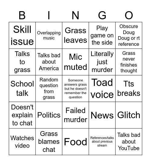 Grassman channel bingo Bingo Card