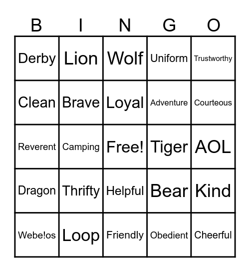 Pack 101 Bingo Card