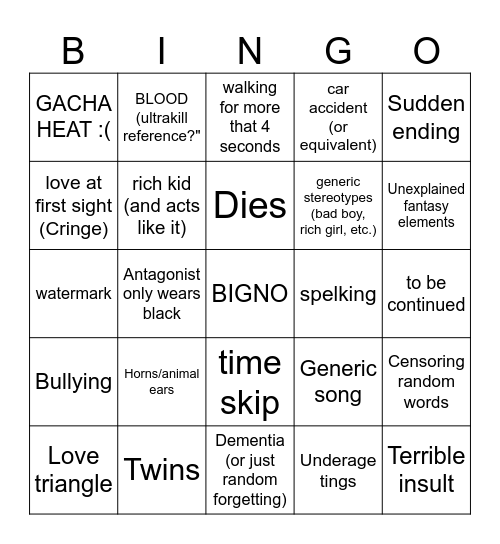 gacha life BIGNO board Bingo Card