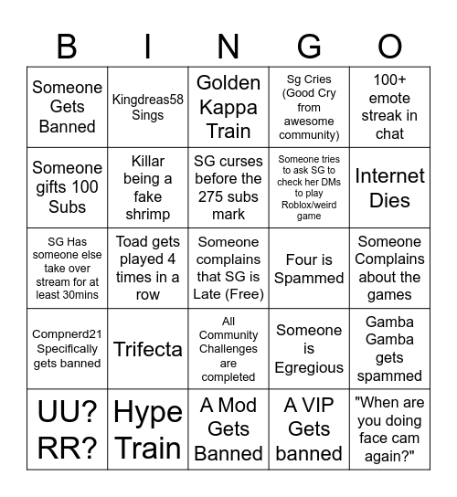 SG's 44 Hour Stream Bingo Card