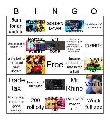 Anime Adventures Events For Anime Games Bingo Card