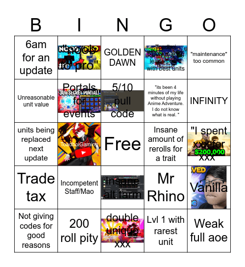 Anime Adventures Events For Anime Games Bingo Card