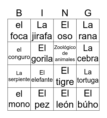 Zoo Animals Bingo Card