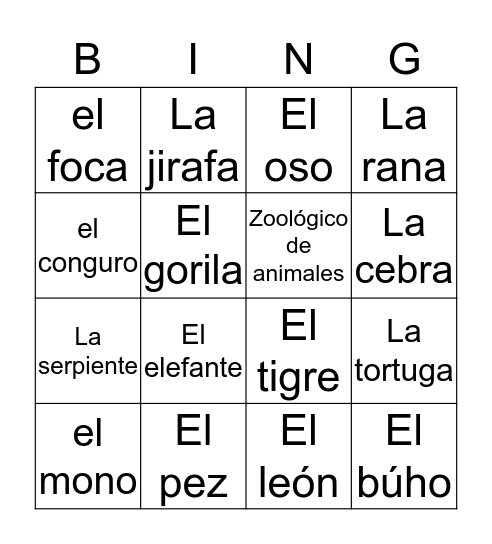 Zoo Animals Bingo Card