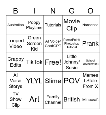 YT Shorts Bingo Card