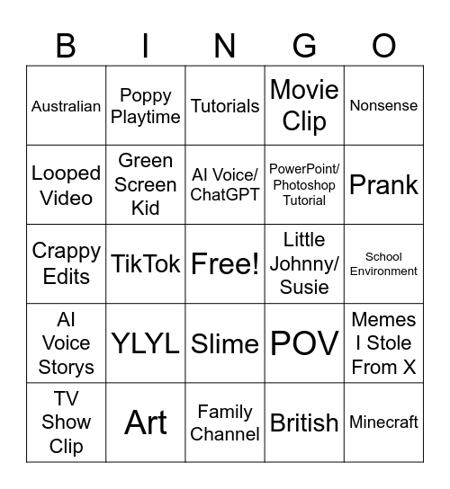 YT Shorts Bingo Card