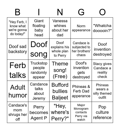 Phineas and Ferb Bingo Card