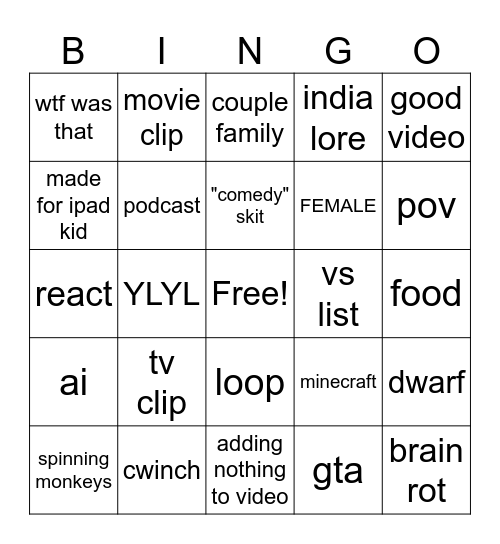 yt shorts bingo Card