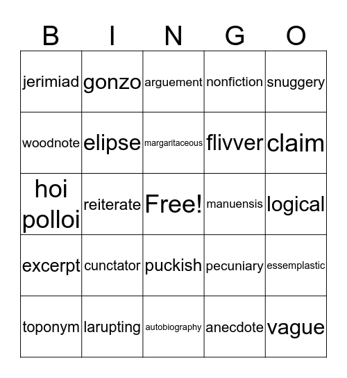 VOCABULARY #1 Bingo Card